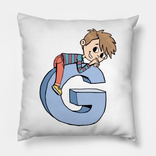 boy climbed up and lay down on the capital letter G Pillow