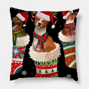 Three Basenji In Sock Christmas Santa Hat X Mas Dog Lover Pillow