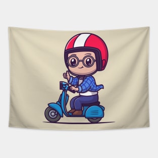 Cute Male Riding Scooter Cartoon Tapestry