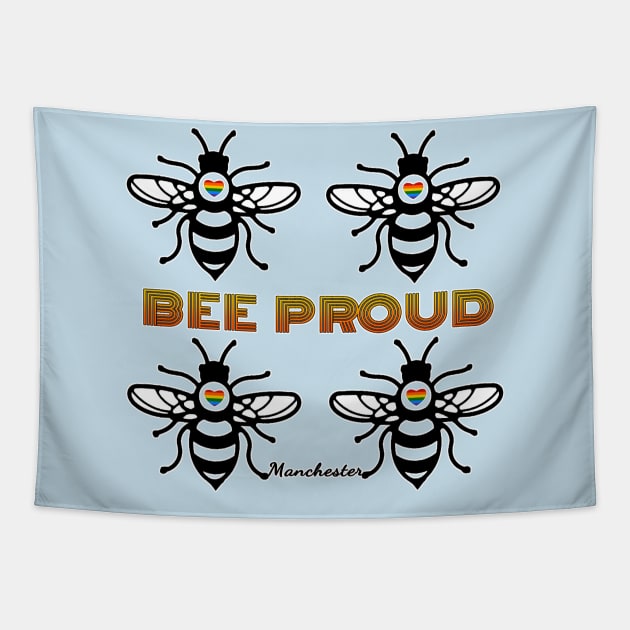 BEE PROUD. Celebrate Manchester Pride with this bee design with rainbow hearts Tapestry by Off the Page