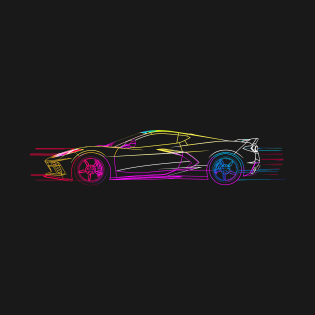 C8 Corvette Rainbow Neon outline art style supercar race car muscle car sportscar Corvette C8 by Tees 4 Thee