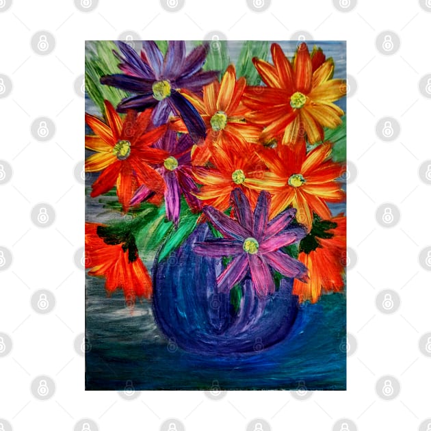 A beautiful lovely boutique of abstract vibrant colorful  flowers in a tall glass vase by kkartwork