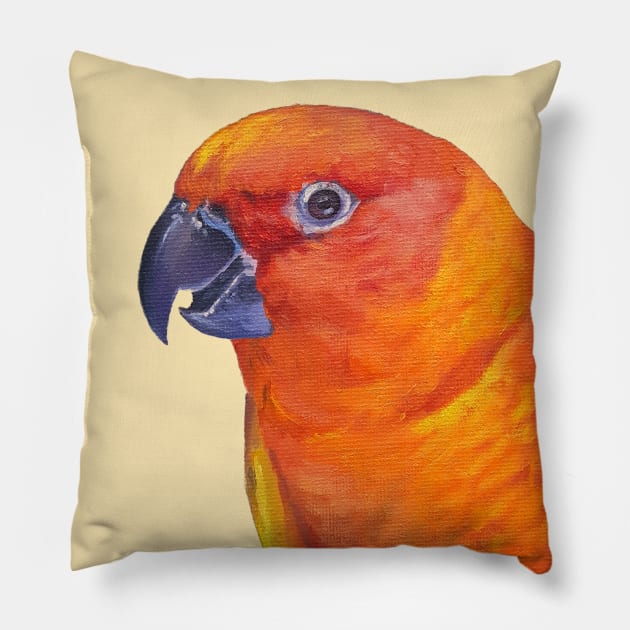 Sun Conure - bird portrait painting Pillow by EmilyBickell