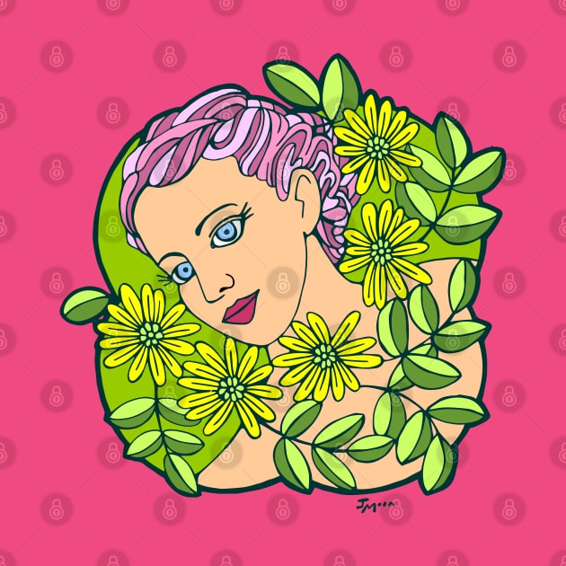 Girl with Pink Hair Surrounded by Yellow Flowers by Julia Moon