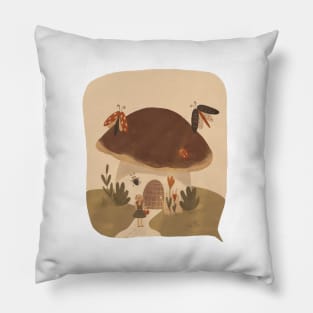 Girl on a mushroom hunt illustration in warm colors Pillow