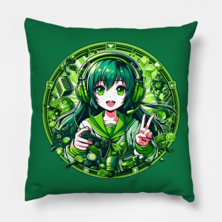 Green gamer girl Pillow