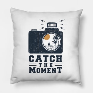 Camera With Beach View. Catch The Moment. Double Exposure Style. Motivational Quote Pillow