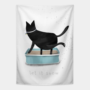 Cartoon black cat with cat litter box and the inscription "let it snow". Tapestry