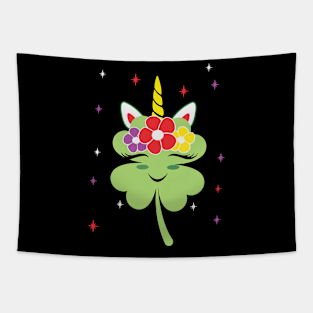 St Patricks Day Unicorn Face Irish Shamrock Flower Girl Tapestry