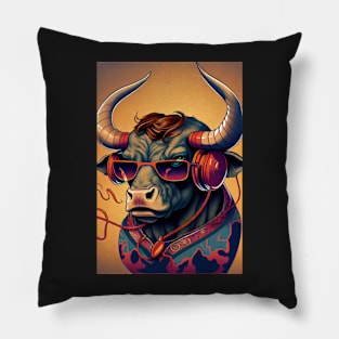 Psychedelic bull wearing headphones and sunglasses Pillow