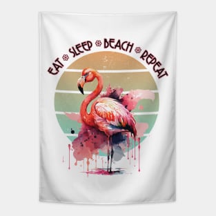 Eat Sleep Beach Repeat Pink Flamingo Retro Sunset Watercolor Art Tapestry