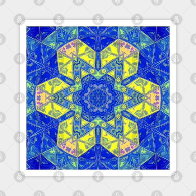 Mosaic Mandala Blue and Yellow Magnet by WormholeOrbital