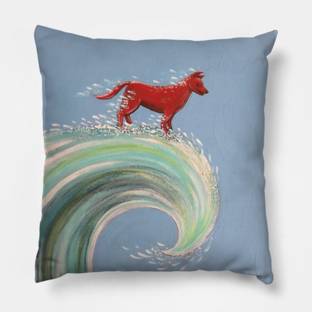 Red dog surfing Pillow by SoozieWray