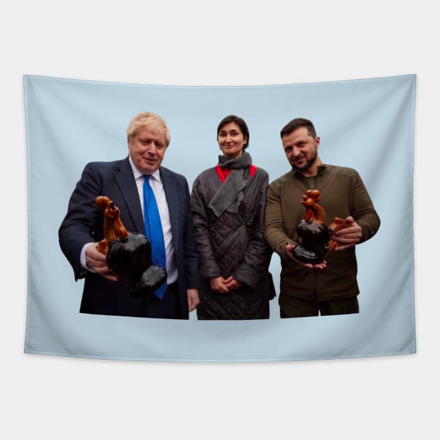 Zelensky and Boris Johnson with Ceramic Chickens Tapestry by GrellenDraws