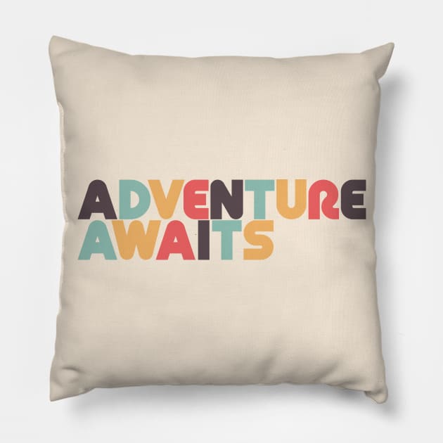 Adventure Awaits Retro Rainbow Typography Pillow by lymancreativeco