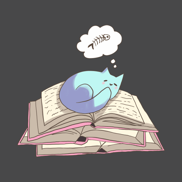 Cat sleeping on books by Mayarart