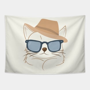 Chic Cat in Brown Hat and Blue Shades - Minimalistic Cat Art Tapestry