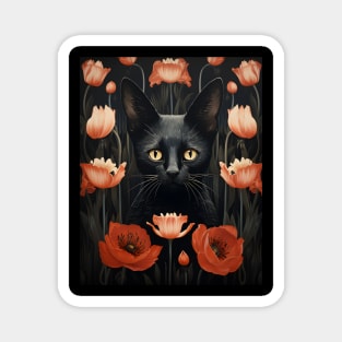 Black Cat Florals Whimsigoth | Gothic Style Kitty and Poppies Magnet