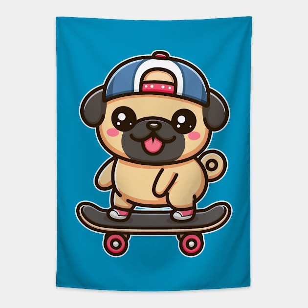 Kawaii Pug Puppy on Skateboard Cute Pug Lover Tapestry by Cuteness Klub