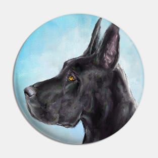 Painting of a Black Great Dane with Light Blue Background Pin