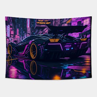 Dark Neon City Sports Car Tapestry