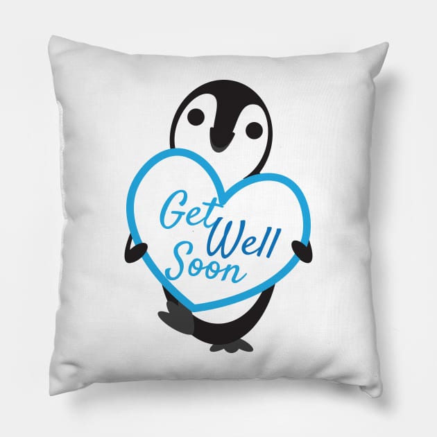 Cute Penguin Holding Get Well Soon Heart Shape Sign Pillow by sigdesign