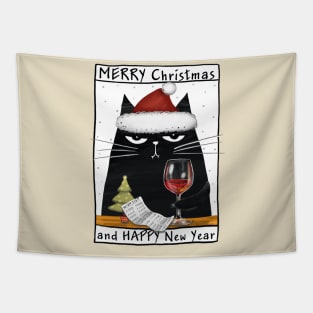 Merry Christmas - Black cats with Santa hat. Tapestry