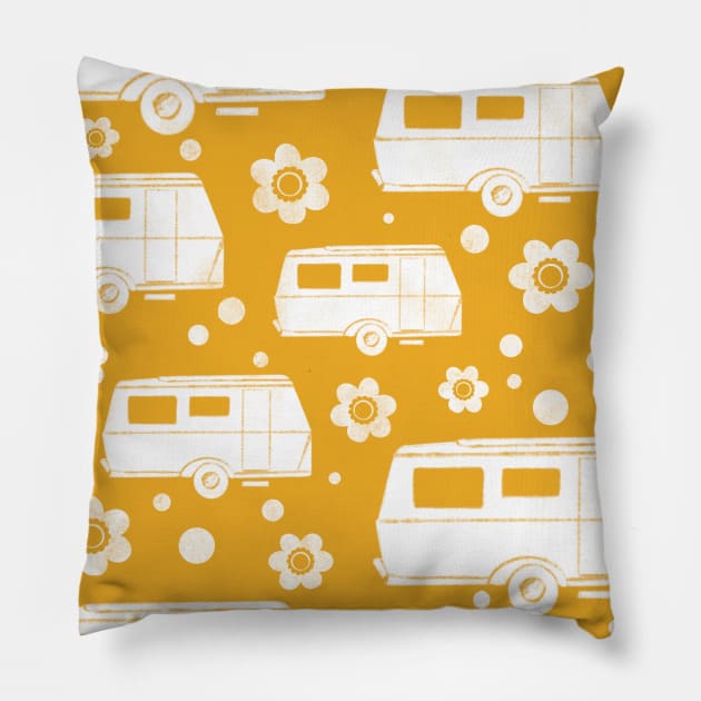 Vintage Caravan block print in mustard yellow and white Pillow by NattyDesigns