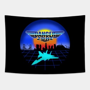 Danger Zone 80s Retro Neon Top Gun Maverick Logo Parody Rooster Sunset Skyline Tapestry