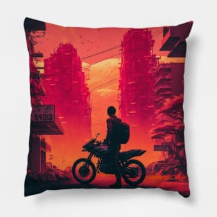80s Synthwave Man On A Motorbike In Asian City Pillow
