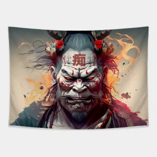 Wrath of a Samurai No. 2: Oni Transformation  -- Perturbed Samurai with the word for "Idiot", "Stupid" in kanji (痴 [chī] ) on his forehead Tapestry