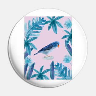 Blue Pacific Parrotlet with tropical leaves and violet background Pin