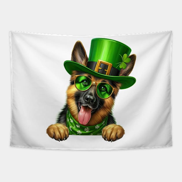 St Patricks Day Peeking German Shepherd Dog Tapestry by Chromatic Fusion Studio