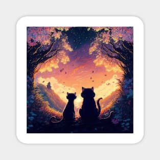 Adorable Two Cats Looking At Sunset Visions Magnet