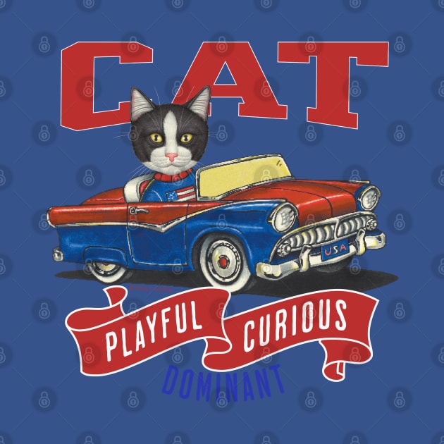 Funny cute kitty cat in a classic retro vintage car with red white and blue flags by Danny Gordon Art
