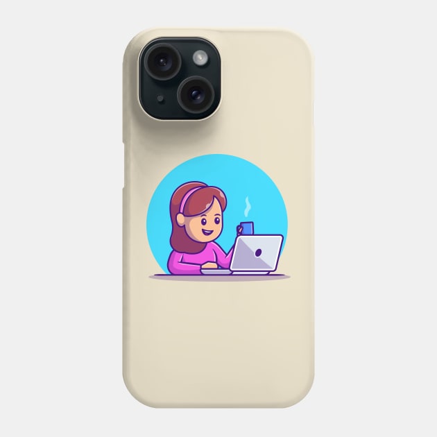 Cute Girl Working On Laptop With Cup Coffee Phone Case by Catalyst Labs