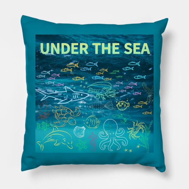 under the sea,blue sea,sea creatures,Turtle, puffer fish, starfish, shrimp, shark, tropical fish, sea horse, seaweed, sardines, squid, crabs, clams Pillow by zzzozzo