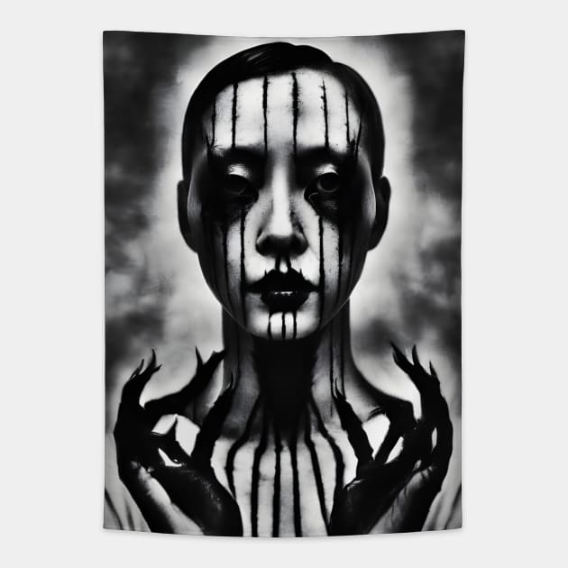 Japanese horror face art, black and white Tapestry by Ravenglow