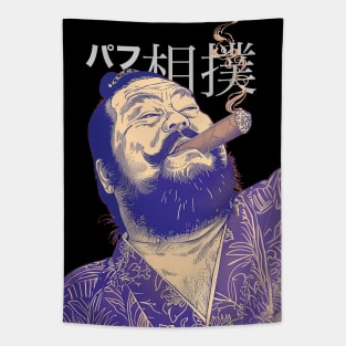 Puff Sumo in Japanese 2: Smoking a Fat Robusto Cigar on a dark (Knocked Out) background Tapestry