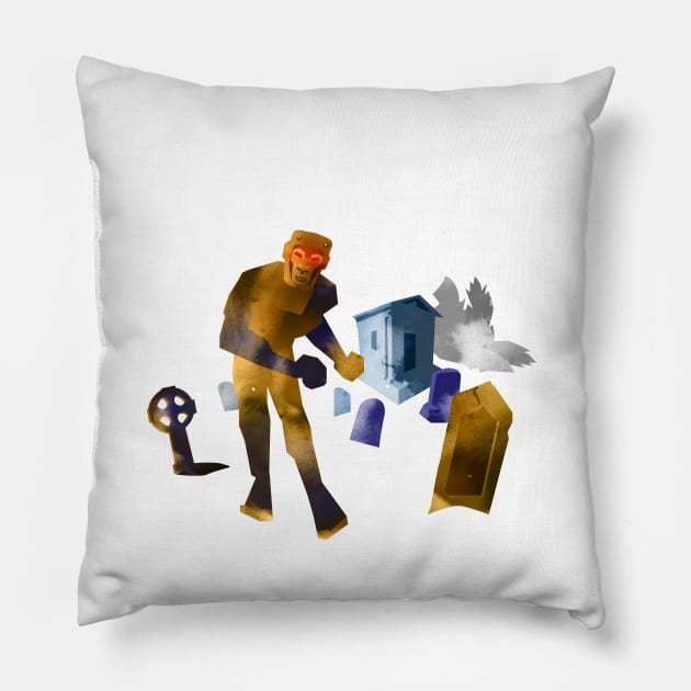 A stone golem in a graveyard Pillow by Inchpenny