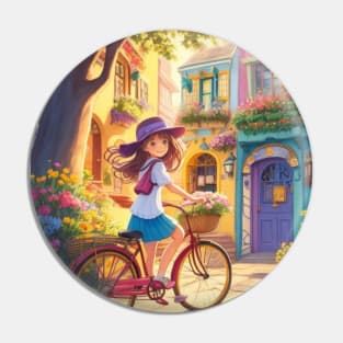 A cute girl explores a lively street on her bicycle. Pin