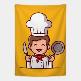 Cute Chef Holding Frying Pan And Knife Cartoon Tapestry