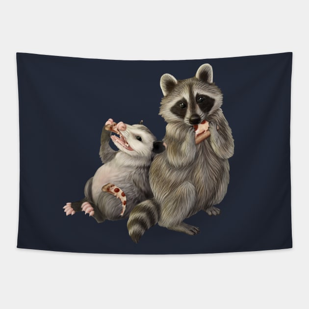 Opossum and Raccoon eating pizza Tapestry by Mehu Art