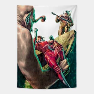 Woman Astronaut Moon Another Planet Giant Monster Alien Extraterrestrial Space Vintage Red Retro Comic Tapestry