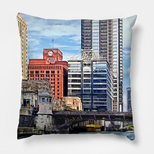 Chicago IL - Water Taxi Passing Under Lyric Opera Pillow by SusanSavad