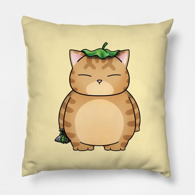 Fat Orange Cat with Leaf Umbrella Pillow by Takeda_Art