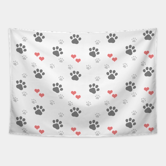 Paw prints and coral red heart pattern Tapestry by SooperYela