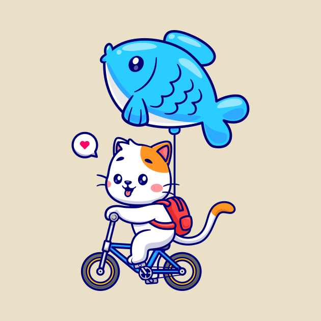 Cute Cat Riding Bicycle With Fish Balloon Cartoon by Catalyst Labs