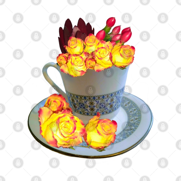 Flowers Neon roses dark - floral bouquet in fine china tea cup with saucer,  yellow roses with red tips by Artonmytee