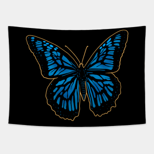 Blue and black Monarch butterfly drawing drawn with a yellow outline. Tapestry